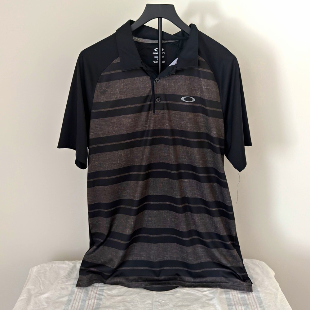 Oakley Men's Polo Shirt L Regular Fit Short Sleeve Striped Black Gray Logo